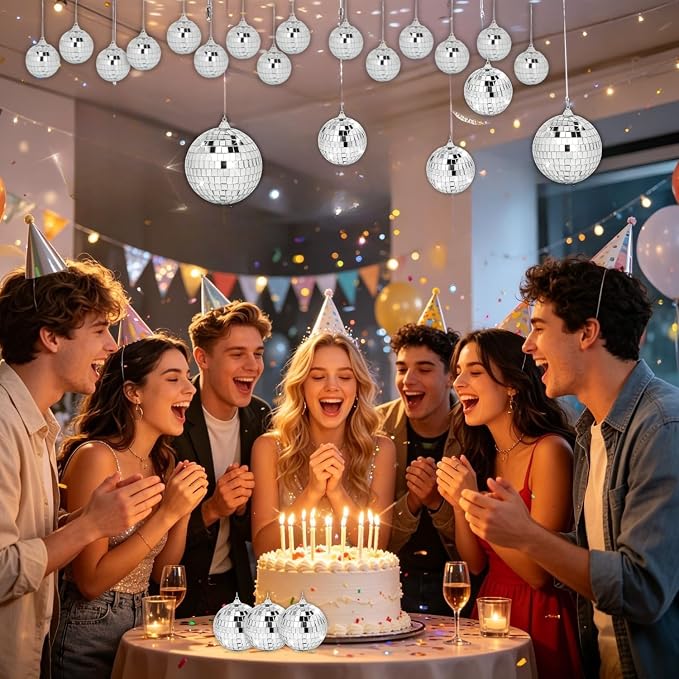 Mini Mirror Disco Ball Decor: 32 Pack Hanging Mirror Ball Ornaments Different Sizes - Small Disco Balls Decorations Bulk for Party Christmas Tree Cake Room Birthday (Silver)