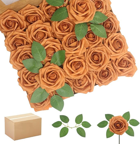 Artificial Flowers Roses Real Looking Foam Fake Roses with Leaves and for DIY Wedding Bouquets Bridal Shower Centerpieces Party Decorations (Gold Sparrow, 200)