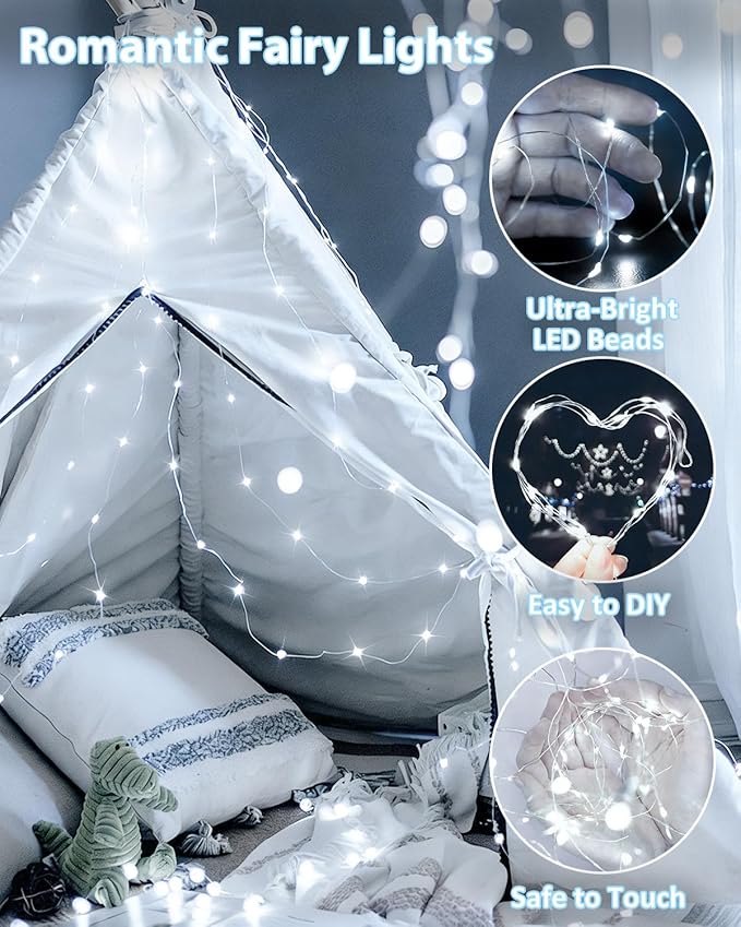 2 Pack 200 LED Fairy Lights Battery Operated with Remote, 8 Modes String Lights Indoor Outdoor, Cuttable Battery Light for Home Bedroom Wedding DIY Centerpiece Christmas Decorations (Cool White)