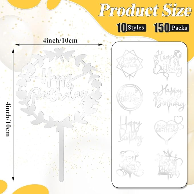 Outus 150 Pcs Happy Birthday Cake Toppers Acrylic Cake Topper Glitter Birthday Cake Decorations Double Sided for Adults Various Cake Decoration Party Supplies (Silver,Cute)