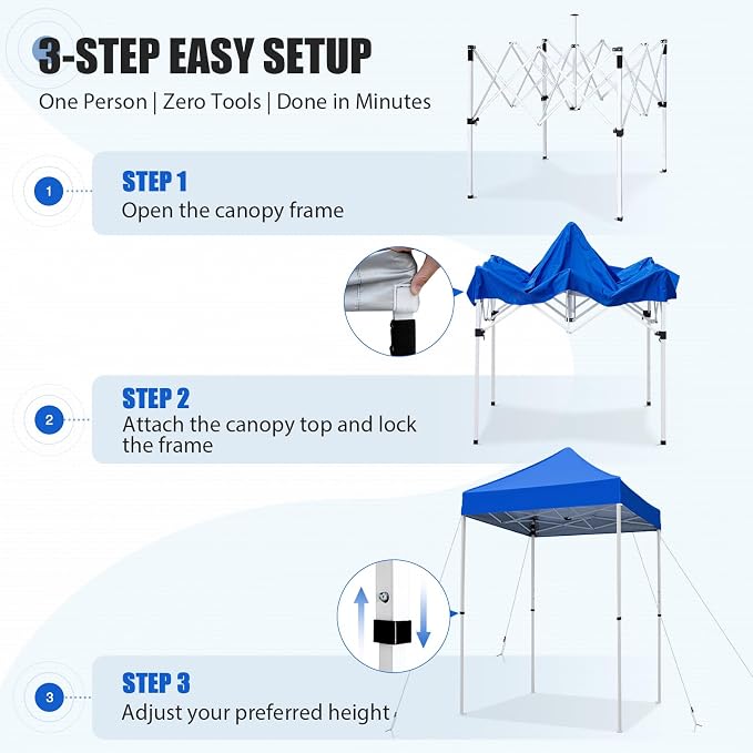 EAGLE PEAK 5x5 Pop Up Canopy Tent Instant Outdoor Canopy Easy Set-up Straight Leg Folding Shelter, Blue