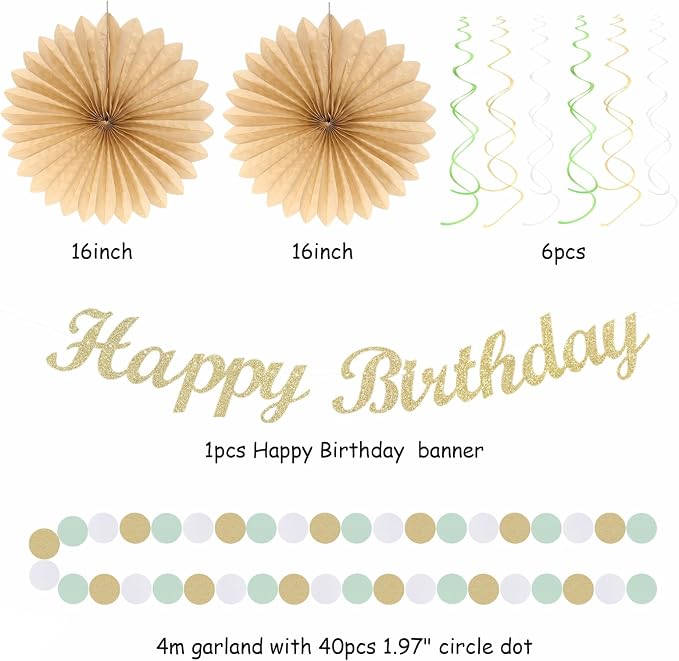 Champagne-Gold White Sage-Green Women Birthday Decorations Huglony | 21pcs Boho Party Happy Banner,Streamers,Paper Lanterns,Pom Poms Fans 13th 18th 21st 30th 40th 50th 60th Birthday Backdrop