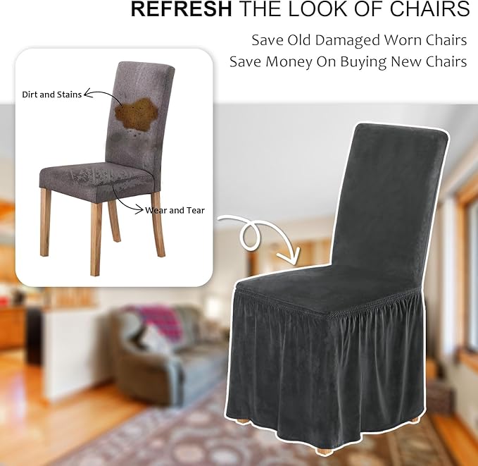 NICEEC Spandex Chair Covers for Dining Chairs Covers Set of 4 Removable Dining Room Chair Covers with Skirt Parson Chair Slipcovers Washable Chair Protector for Kitchen Wedding Party Banquet(Grey)