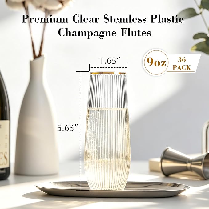 HOMIP 36pcs Plastic Champagne Flutes with Gold Rim - 9oz BPA-free Disposable Champagne Glasses, Ribbed Ripple Design for Weddings, Parties, Bars & Events (Stemless, Durable)