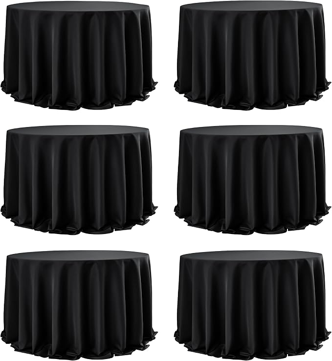 6-Pack Black Round Tablecloths, 132 Inches, Stain-Resistant Polyester for 6-8 Ft Round Tables - Washable Table Covers for Weddings, Banquets, Birthday Parties, Events