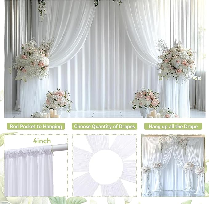 50ft×12ft White Backdrop Curtain for Wedding Parties, 10 Panels Wrinkle Free Polyester Photo Backdrop Drapes Back Drop Cloth for Birthday Photography Background