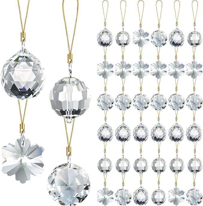 XunYee 36 Pcs Crystal Glass Christmas Balls Ornaments, 1.18" Mini Hanging Crystal Prism Xmas Tree Decorations Pendants for Home Wedding Birthday Party Holiday Decorations(Clear Color,Mixed Styles)