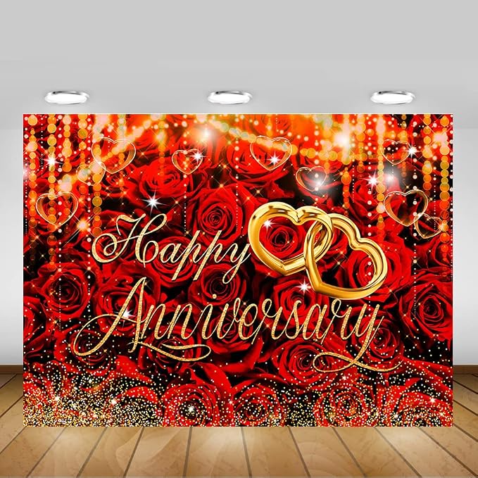 Mocsicka Happy Anniversary Backdrop Wedding Together Anniversary Party Decoration Red Rose Florals Gold Bokeh Heart Background Wedding Couple Love Party Supplies (Red, XL-(120x96 inch))
