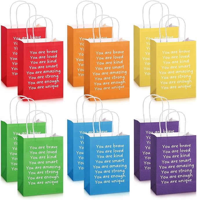 Coume 12 Pcs Inspirational Gifts Bags with Handle Employee Coworker Appreciation Goodie Paper Handbags for Graduation Birthday Party Kraft Thank You Bags Classroom, 5.9 x 3.15 x 8.27 Inch (Classic)