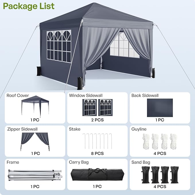 10x10 Pop Up Canopy with Sidewalls, Instant Portable Canopy Tent with Carry Bag for Commercial Events, Camping, Parties - Dark Grey