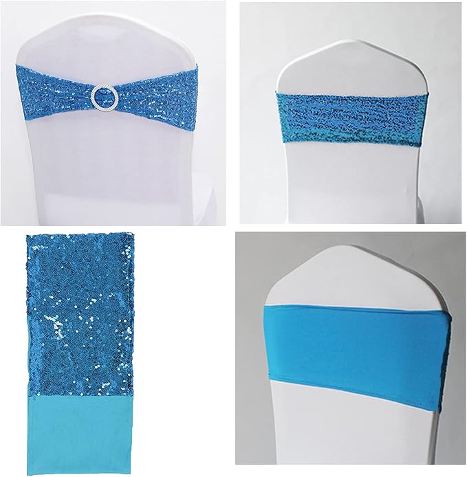 Dimatic 10 PCS Stretch Sequin Chair Sashes Chair Stretchy Spandex Bands for Wedding Reception Events Banquets Chairs Decoration (Azure)