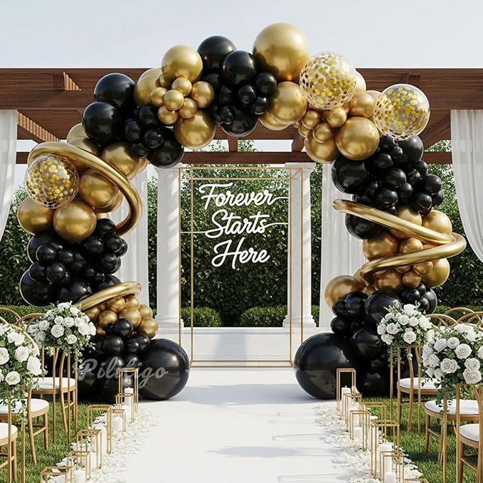 Black and Gold Balloon Arch Kit - 114 Pcs Black and Gold Balloons Garland with Confetti & Long Balloons for Men Birthday Graduation 2026 New Years Eve Retirement Party Decorations