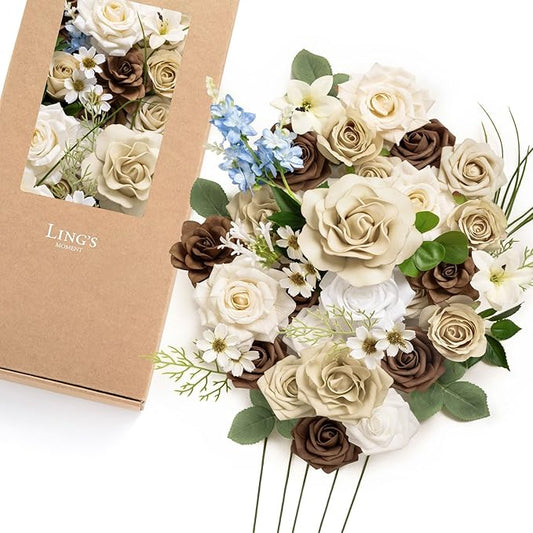 Ling's moment Fake Flowers Box, Faux Gardenia Artificial Daisy Foam Roses Silk Lily for Centerpieces Bouquet Wedding Floral Arrangements Bridal Shower Party, Tawny Beige & Earth Brown, Deluxe Combo