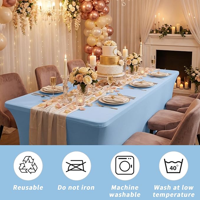 Fixwal Light Blue Stretch Table Cloth Rectangle 2 Pack 6Ft, Spandex Fitted Table Covers Washable for Party, Trade Show, Banquet, Wedding, Buffet
