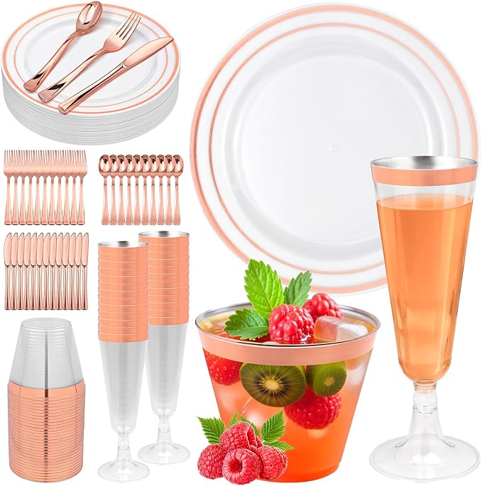 150PCS Rose Gold Plastic Plates Set for 25 Guests, 7.5" Small Disposable Dessert Plates with 9oz Cups,5oz Champagne Flutes & Spoons, Forks & Knives for Birthday, Wedding & Elegant Party Supplies