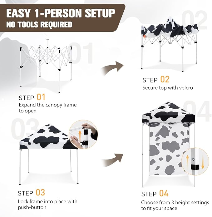 EAGLE PEAK Pop up Canopy 5x5, Outdoor Portable Canopy Tent with One Removable Sunwall, Carry Bag Included, Cow Print