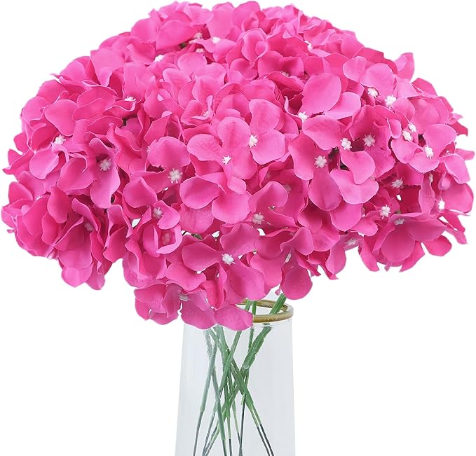 AVIVIHO 10pcs Hot Pink Fake Flowers Hydrangea Artificial Flowers Bulk (Not Squished, No Steaming Need) Silk Flowers with Stems for Wedding Decor,Home,Baby Shower,Table Centerpieces Decoration