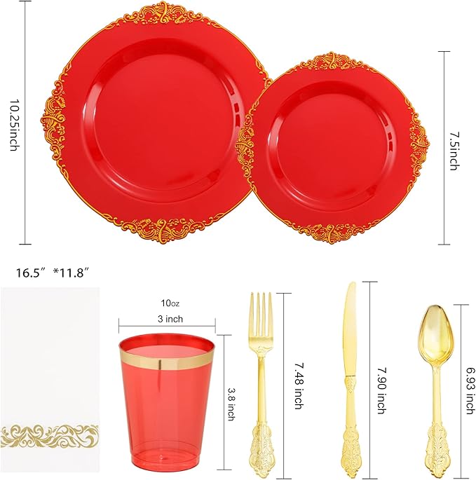 Morejoy 175PCS Red Plastic Plates,Red Disposable Plates With Gold Rim,Red and Gold Plastic Dinnerware Set Includes: 50 Plates,25 Silverware Sets,25 Cups,25 Napkins,Perfect for Party,Mother's Day