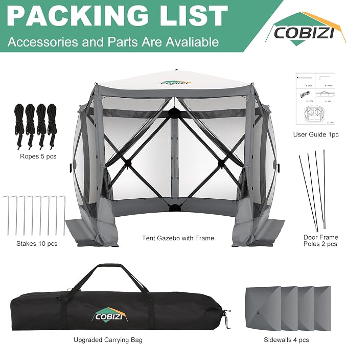 COBIZI 10x10 FT Pop up Gazebo, Popup Canopy tent, Screened In Gazebos with sidewalls, Waterproof Portable Outdoor Small Screen tents Sun Shelter,carpas para patio for Camping, Garden and Backyard,Gray