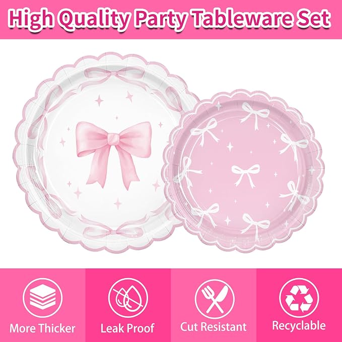 161PCs Pink Bow Party Supplies Pink Coquette Plates Napkins Cups Tablecloth Straws Forks Spoons Knives for Birthday Party Bachelorette Decor Bridal Engagement Coquette Party Supplies for 20 guests