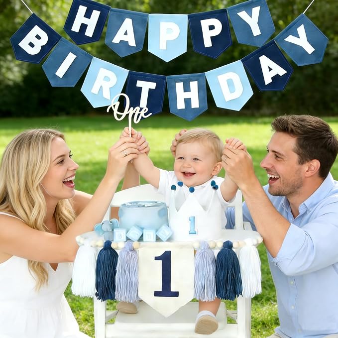 Navy Blue 1st Birthday Decorations for Boy -high chair banner first birthday boy Felt Happy Birthday Banner，birthday cake topper & Crown Hat,All-in-one First Birthday Decor Kit for Baby Boy