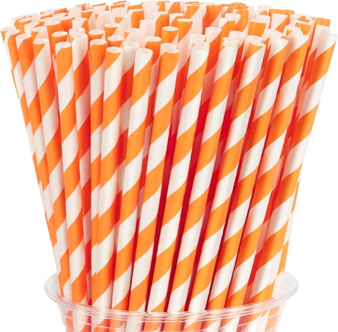 200 Pack Orange Straws Biodegradable Orange and White Paper Straws Disposable Striped Straws for Halloween Bridal Shower Birthday Summer Pool Party Decoration Supplies