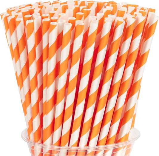 200 Pack Orange Straws Biodegradable Orange and White Paper Straws Disposable Striped Straws for Halloween Bridal Shower Birthday Summer Pool Party Decoration Supplies