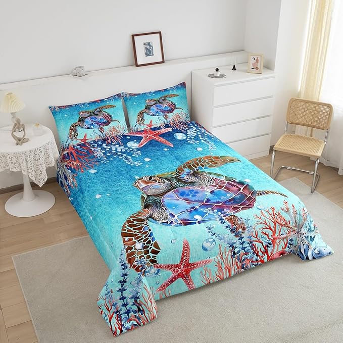 Feelyou Sea Turtle Comforter Set Twin Size Kids Starfish Comforter for Boys Girls Teens Ocean Themed Bedding Set Sea Underwater World Duvet Set Marine Life Sealife Quilt
