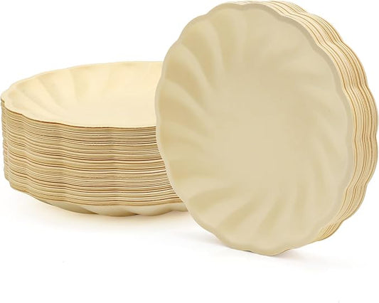 9" Disposable Paper Plates 50 Pcs Scalloped Paper Trays 100% Biodegradable Yellow Dessert Plates Party Platters for Everyday Meals, Birthday, Picnic and Wedding