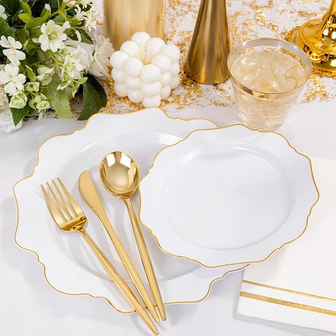 WDF 175Pcs Gold Plates Disposable - White and Gold Plastic Plates 25guest Plastic Dinnerware Ideal for Party/Wedding/First Communion/Spring