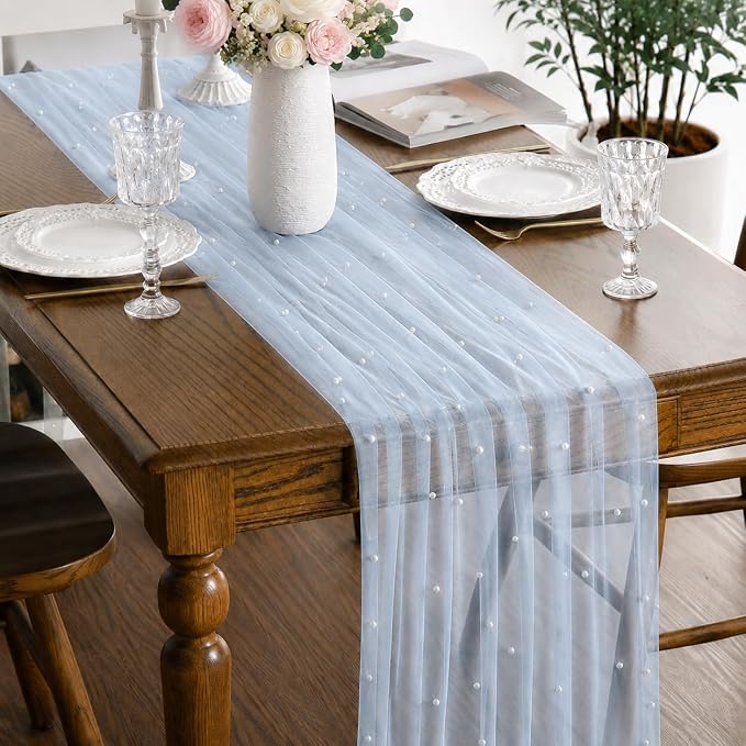 Pearl Blue Gauze Pearl Table Runner 120 Inch 10FT, Seasonal Sheer Dining Holiday Wedding Birthday Baby Shower Tulle Summer Table Decor for Home Party