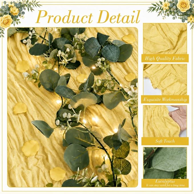 Cinrobiye 11PCS Boho Cheesecloth Table Runner Set 120'' Gauze Table Runner with Wrinkled Napkins Eucalyptus Garland and String Lights for Wedding Baby Shower Tea Party Table Decorations (Lemon yellow)