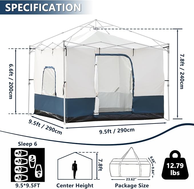 Camping Cube, Canopy Inner Tent for 10' x 10' Pop Up Canopy, Converts Canopy into Enclosed Camping Tent, Fits 4-6 Person, Fully Vented Roof, Easy Setup (Frame & Top Not Included)