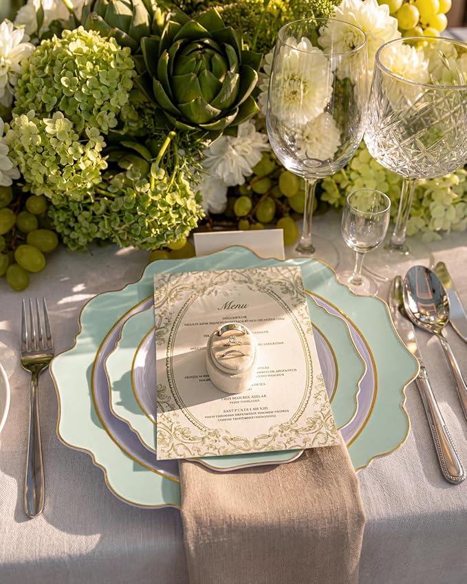 WDF 100PCS Mint Green Plastic Plates - Green Spring Plates Disposable - Heavy Duty Scalloped Plastic Plate for Parties/Wedding/Spring