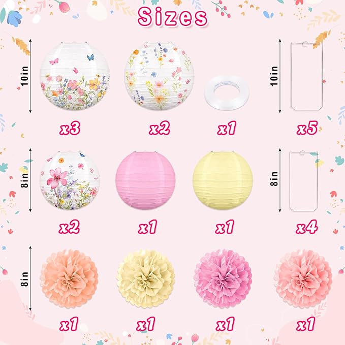 Renbuzhu 13PCS Wildflower Party Decorations Hanging Paper Lanterns Pom Poms for Baby in Bloom Baby Shower Fairy Birthday Tea Garden Spring Home Indoor Outdoor