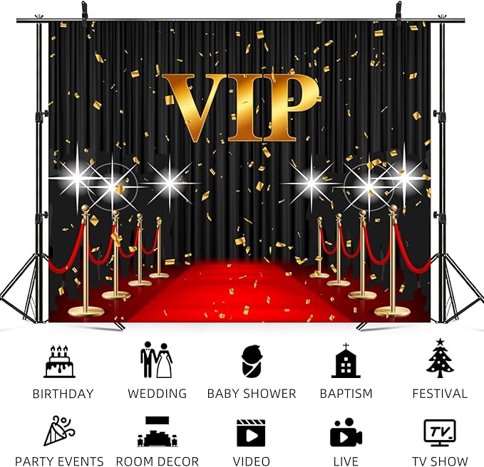 15x8ft VIP Backdrop Red Carpet Event Photography Background Black Curtain Star Catwalks Stage Film Movie Music Night Gold Banner Decorations Celebrity Activity Portrait Photo Booth Prop