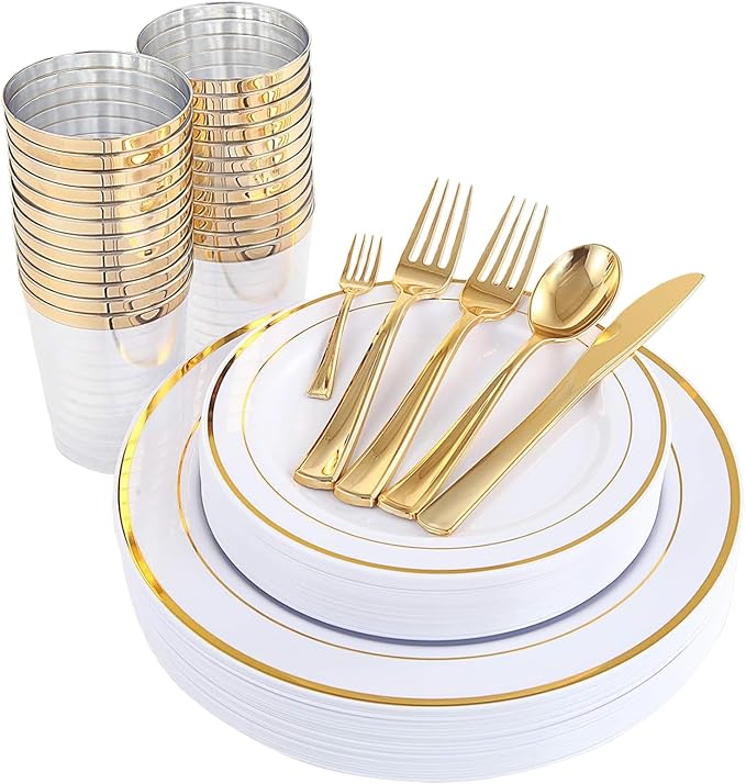 WDF 25Guest Gold Plastic Plates - Heavy Duty Plastic Plates Dinnerware - Include 25 Dinner Plate 25 Salad Plates 50 Forks 25 Knives 25 Spoons 25 Cups 25 Mini Forks for Wedding Birthday Valentine’s Day