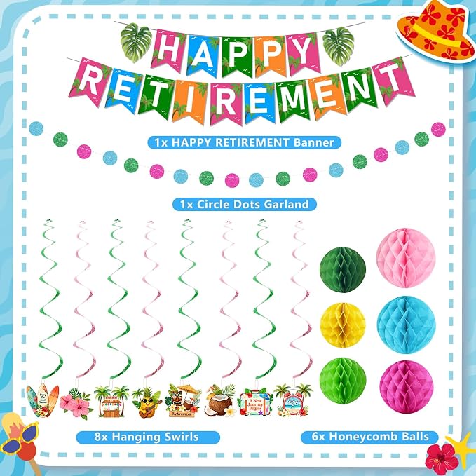 Luau Hawaiian Retirement Party Decorations for Men Women Tropical Happy Retirement Banner Honeycomb Balls Hanging Swirl Circle Dots Garland Beach Summer Retirement Party Supplies