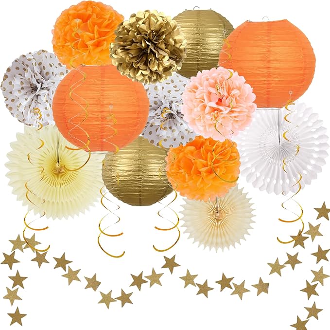 20Pcs Birthday Decorations Paper Fans Lanterns,Fall Party Decorations Pom Poms Flowers,Orange Champagne Gold Bohemian Style Party Decoration for Autumn Girls Women Baby Shower Wedding Thanksgiving