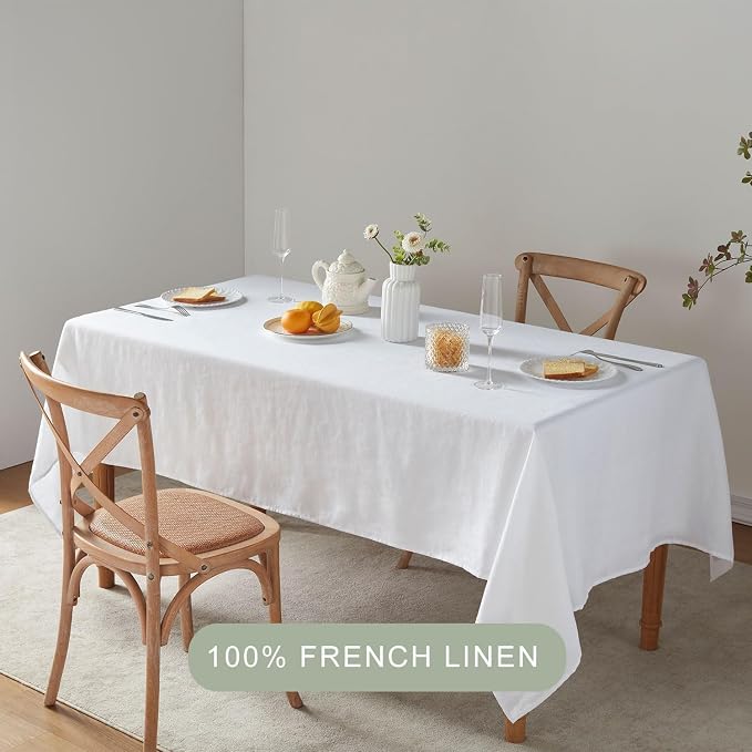 TOSMO French Linen Tablecloth, Washable Farmhouse Rectangle Table Cloth for Kitchen, Dining, Party, Cocktail, Indoor and Outdoor Daily Use(60''x108'',White)