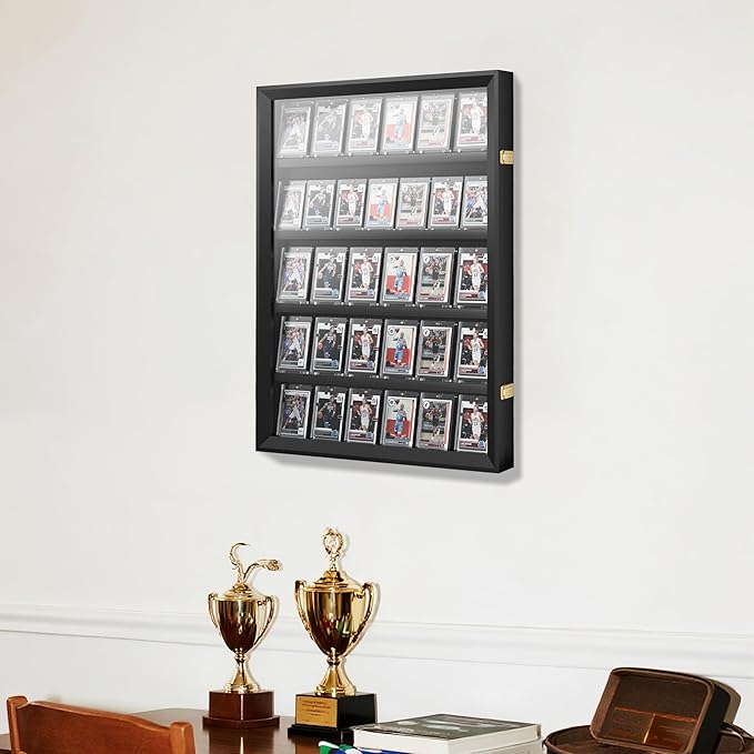 35 Graded Sports Card Display Case - Baseball Card Display Frame Lockable for, Football, Basketball, Hockey & Trading Cards - UV Protection & Clear Acrylic, Black