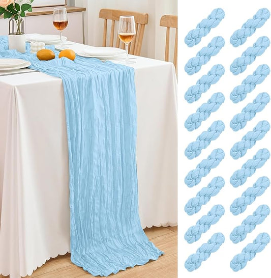 18 Pack Baby Blue Cheesecloth Table Runner 21.5x120 Inch,Semi Sheer Boho Gauze Cheese Cloth Fabric Table Runners 10 FT Long for Wedding Party Baby Shower Birthday Home Decor Holiday Decorations