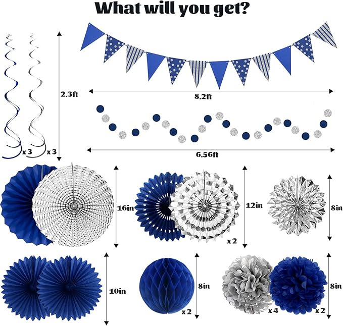 24 Pcs Blue and Silver Party Decorations, Paper Fans Honeycomb Pom Poms Pennant Garland, Reusable Hanging Supplies for 2026 Blue Graduation Decorations, Blue Birthday Decorations