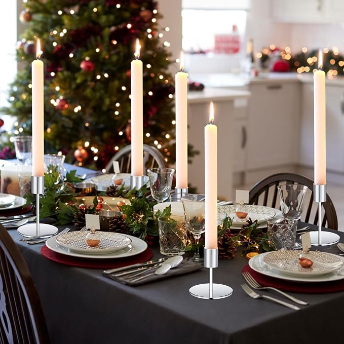 Sieral Candle Holders Bulk Taper Candlesticks Holders Set Modern Decorative Metal Candelabras for Wedding Anniversary Home Dinning Table Centerpiece Xmas Party Decor(Silver,24 Pcs)