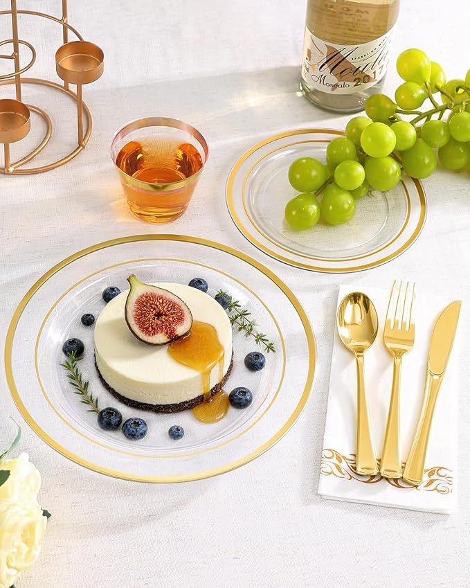 Goodluck 350 Pieces Clear Gold Dinnerware Set for 50 Guests, Plastic Plates Disposable for Party, Include 50 Gold Dinner Plates, 50 Dessert Plates, 50 Paper Napkins, 50 Cups, 50 Gold Silverware Set