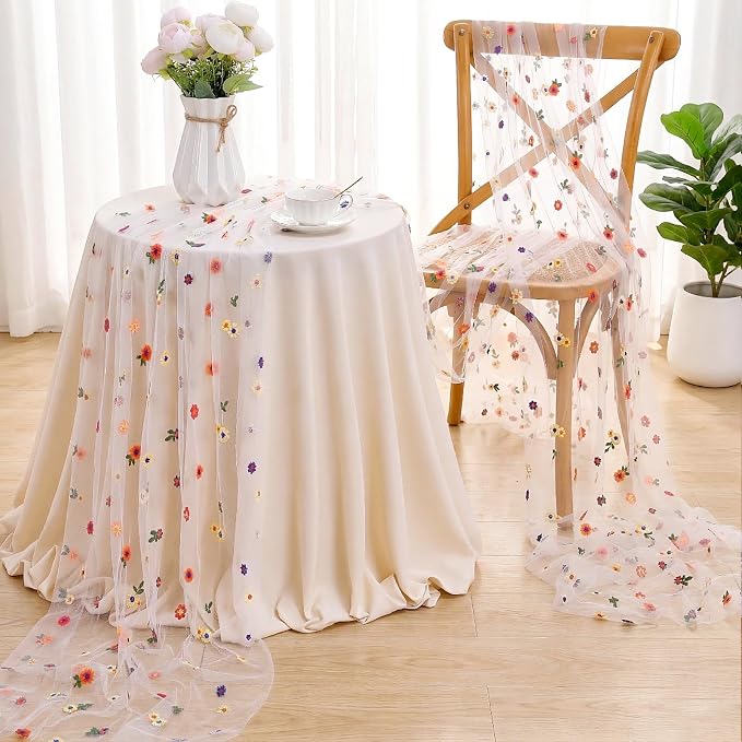 White Floral Table Runner Sheer Embroidery 120 Inches Long Tulle Table Overlay for Boho Wedding Birthday Party Spring Dining Table Decor