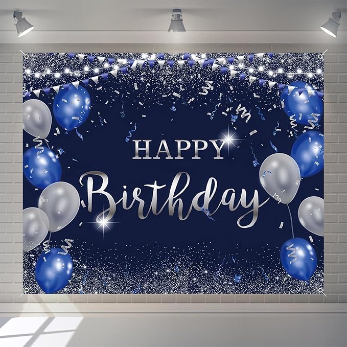 Happy Birthday Banner Backdrop for Men Boys Navy Blue and Silver Party Decorations Background Poster for Women Girls Supplies Polyester Fabric Indoor Outdoor 8x6ft