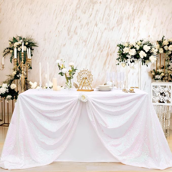 B-COOL Sequin Tablecloth White Iridescent Table Overlay Rainbow Table Cloths 90x132inch Seamless Tablecloth Sparkly Wedding Party Decorations