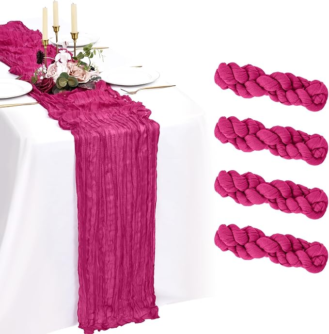 4 Pack Cheesecloth Table Runner 10FT Fuschia Table Runner Boho Gauze Cheese Cloth Table Runners Long Rustic Sheer Table Decorations for Wedding Party Baby Bridal Shower Birthday Holiday Spring