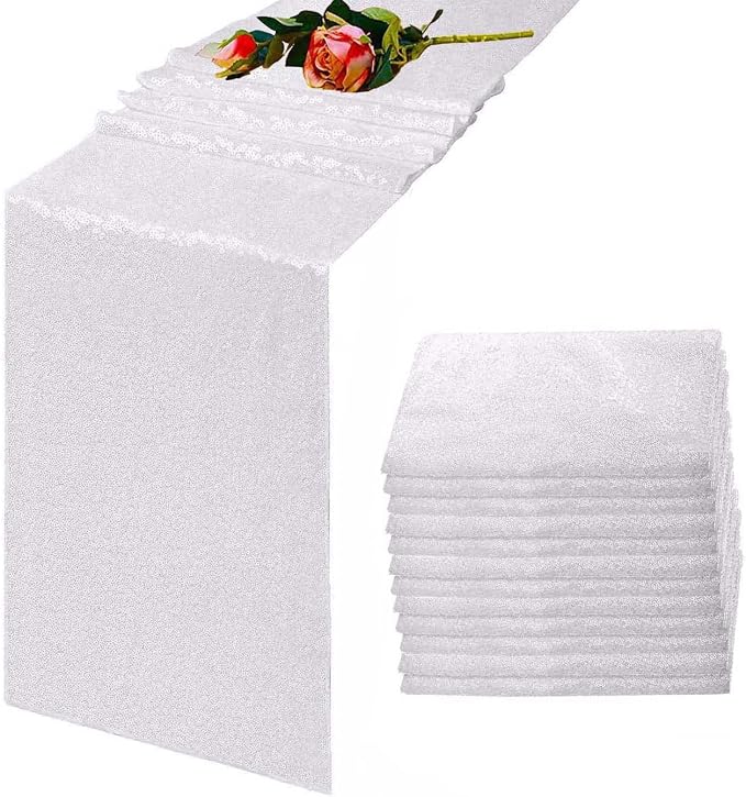 White Sequin Table Runner - 12"x108", 12 Pack Glitter Table Runner for Graduation, Baby, Bridal Shower, Wedding, Birthday, Party, Christmas